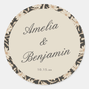 Adesivo Redondo Casamento Floral Preto Marfim Personalizado