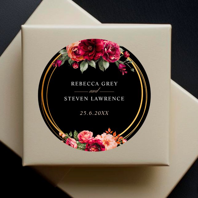Adesivo Redondo Casamento floral preto vermelho-chic (Criador carregado)