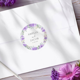 Adesivo Redondo Casamento Floral Purple Watercolor