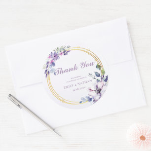 Adesivo Redondo Casamento Floral Púrpura De Aquarela Elegante Obri