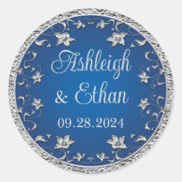 Adesivo Redondo Casamento Floral Real Azul, Cinza Prateada