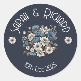 Adesivo Redondo Casamento Floral Romântico do Marinho Elegante