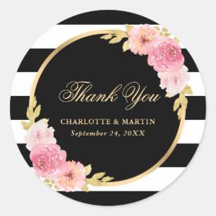 Adesivo Redondo Casamento Floral Rosa Dourado Stripes Negra Obriga