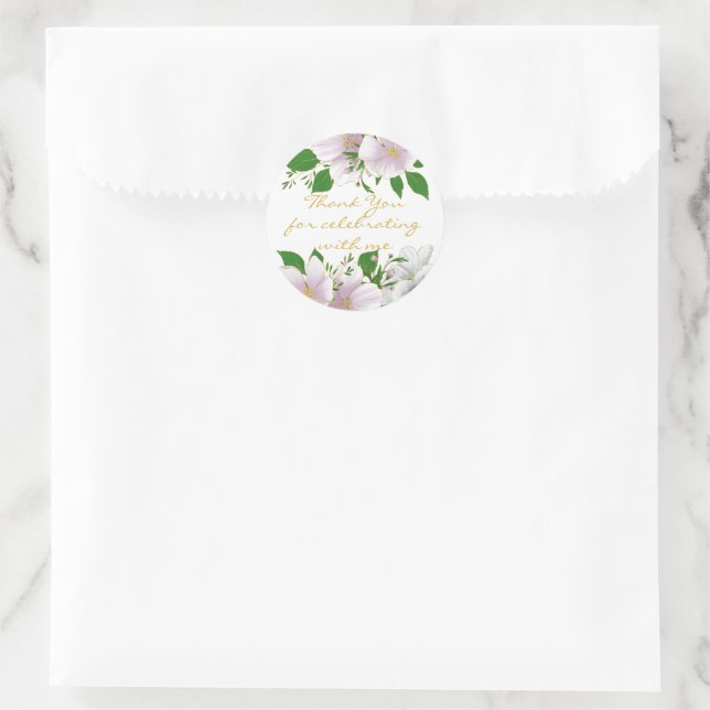 Adesivo Redondo Casamento Floral Rosa Elegante Dourado (Bolsa)