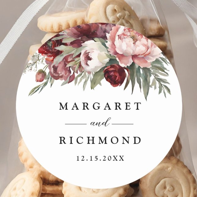 Adesivo Redondo Casamento Floral Rosa-Esbranquiçado Burgundy (Criador carregado)