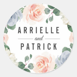 Adesivo Redondo Casamento Floral Rosa Pêssego, Cinza Azul Dusty