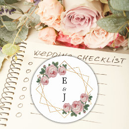 Adesivo Redondo Casamento Floral Rosa-Rosa Geométrico Dourado Eleg