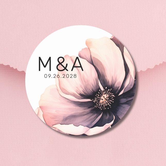Adesivo Redondo Casamento Floral Rosa Rosa Mole Moderno Minimalist (Chic Minimalist Modern Pink Boho Floral Wedding Classic Round Sticker)