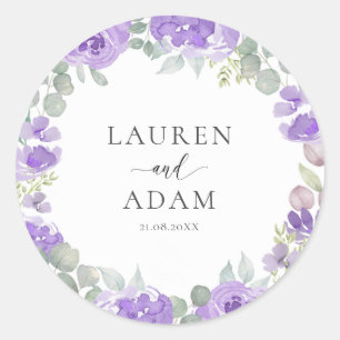 Adesivo Redondo Casamento Floral Roxo Aquarela
