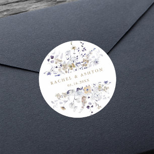 Adesivo Redondo Casamento Floral Roxo Branco Dourado Romântico