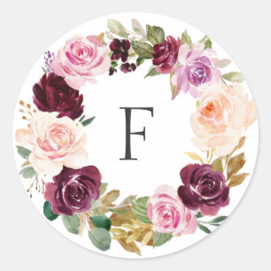 Adesivo Redondo Casamento Floral Roxo Elegante Monograma Outono
