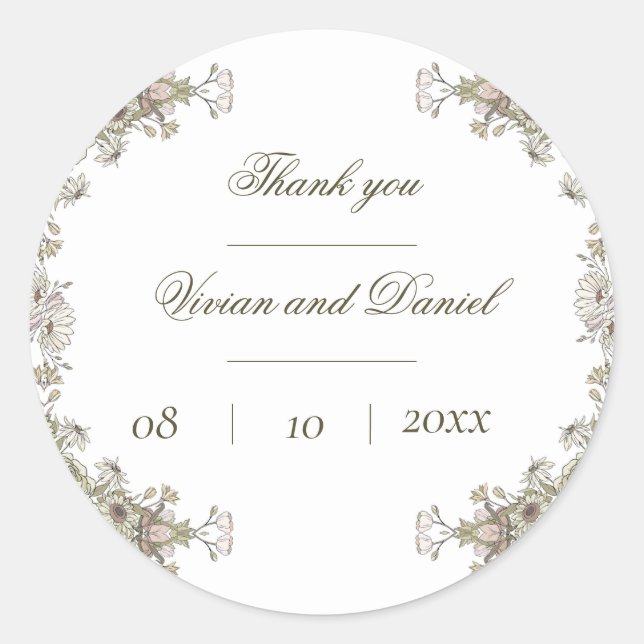 Adesivo Redondo Casamento Floral Russo Elegante Obrigado Sticker (Frente)