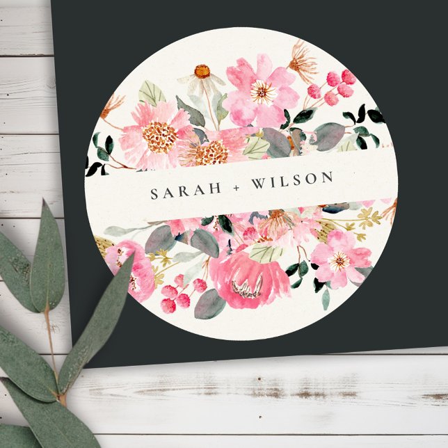 Adesivo Redondo Casamento Floral Rustic Lively Blush Pink Watercol (Criador carregado)