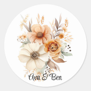 Adesivo Redondo Casamento Floral Rustic Terracotta Cream Watercolo