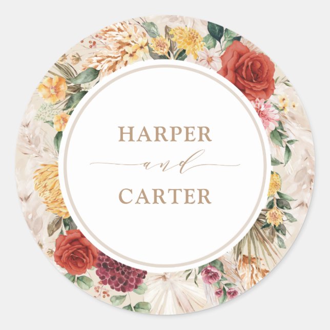 Adesivo Redondo Casamento Floral Rustic Tropical Boho Pampas Grass (Frente)