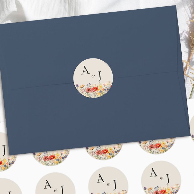 Adesivo Redondo Casamento Floral Rústico De Flor Selvagem Monogram (Monogram Initials wedding stickers from the Rustic Wildflower Wedding Collection by Darling & May)