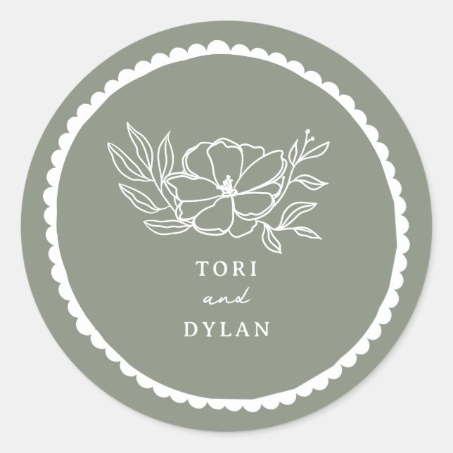 Adesivo Redondo Casamento Floral Sage Green Scalloped (Frente)