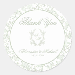 Adesivo Redondo Casamento Floral Toile Crista Monograma Elegante S