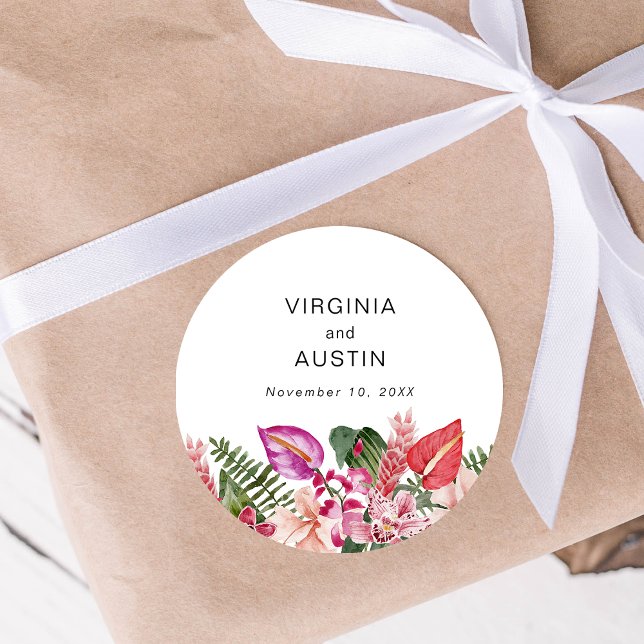 Adesivo Redondo Casamento Floral Tropical (Tropical Floral Wedding Classic Round Sticker by Painted Paperie
)