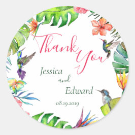 Adesivo Redondo Casamento Floral Tropical Watercolor Obrigado