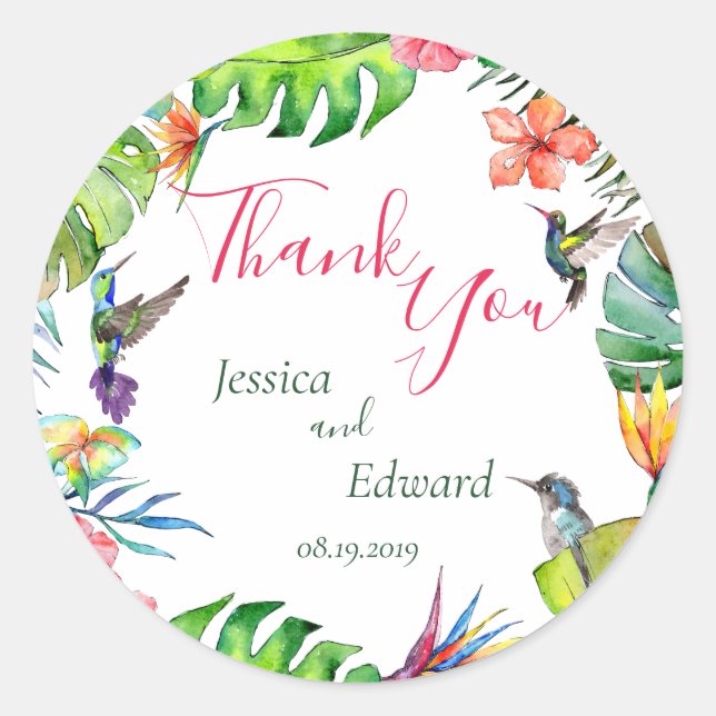Adesivo Redondo Casamento Floral Tropical Watercolor Obrigado (Frente)