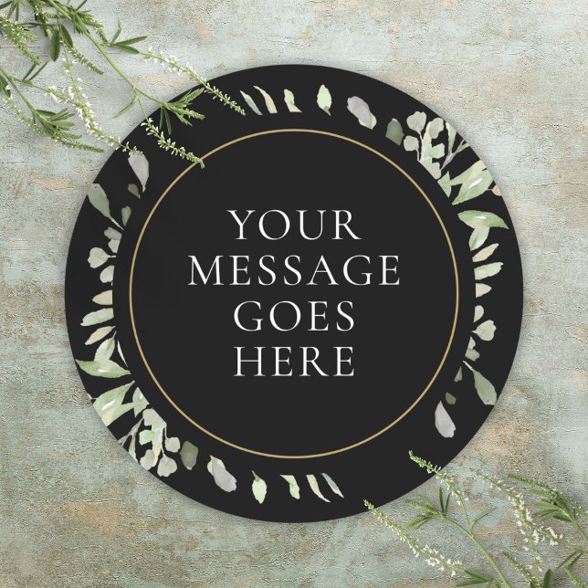Adesivo Redondo Casamento Floral Verde Água Dourado Preto (Watercolor Greenery Floral Gold Black Wedding Classic Round Sticker)