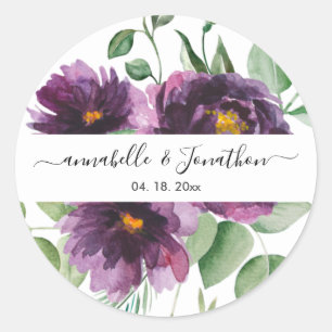 Adesivo Redondo Casamento Floral Verde Roxo Elegante