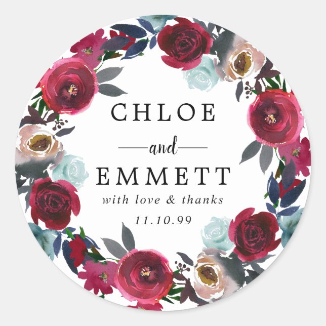 Adesivo Redondo Casamento Floral Vermelho Burgundy Obrigado Por Se (Frente)