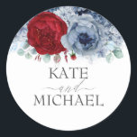 Adesivo Redondo Casamento Floral Vermelho e Azul Dusty<br><div class="desc">Pau de casamentos florais vermelho e azul-turvo</div>