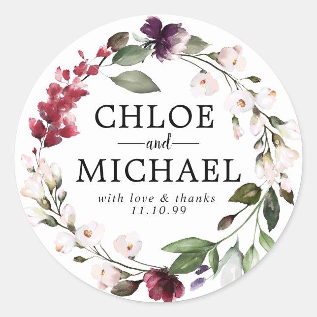 Adesivo Redondo Casamento Floral Vermelho e Rosa Obrigado Por Seal (Frente)