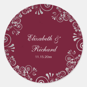 Adesivo Redondo Casamento Floral Wreath da Cinza Silver Burgundy