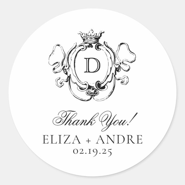 Adesivo Redondo Casamento Formal de Monograma Negro e Branco (Frente)