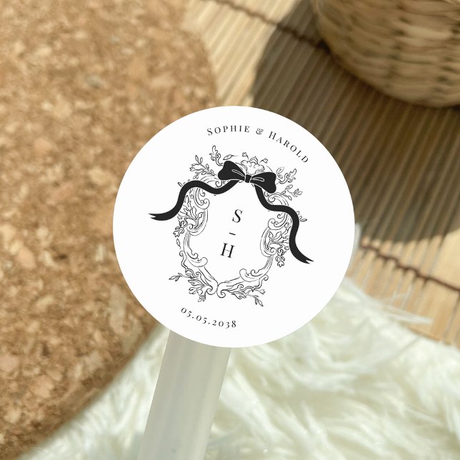 Adesivo Redondo Casamento francês do Arco Coquette Crest Monograma (Criador carregado)