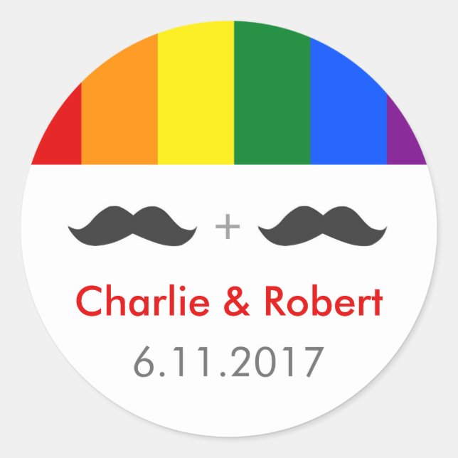 Adesivo Redondo Casamento Gay LGBT Mustaches Rainbow (Frente)