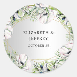 Adesivo Redondo Casamento Geométrico Dourado da Anêmona Branca de 