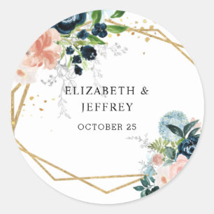Adesivo Redondo Casamento Geométrico Floral Dourado Blush Marinho