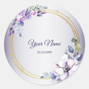 Adesivo Redondo Casamento Geométrico Floral Dourado Roxo Aquarela