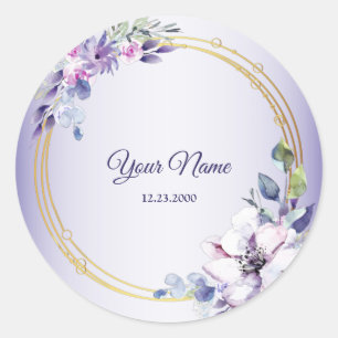 Adesivo Redondo Casamento Geométrico Floral Dourado Roxo Aquarela