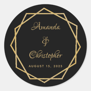 Adesivo Redondo Casamento Geométrico Moderno em Ouro sobre Preto E