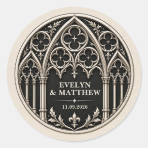 Adesivo Redondo Casamento Gótico Preto e Branco Personalizado