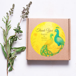 Adesivo Redondo Casamento Índio Peacock Floral Obrigado