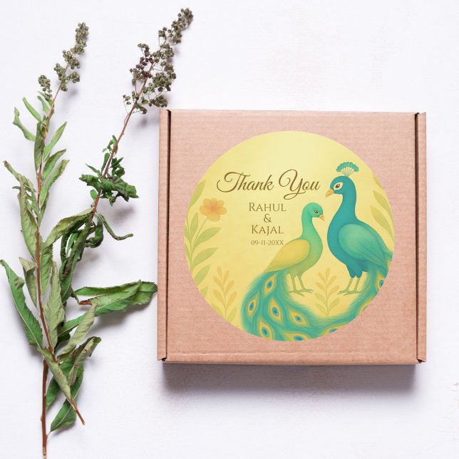 Adesivo Redondo Casamento Índio Peacock Floral Obrigado (Criador carregado)