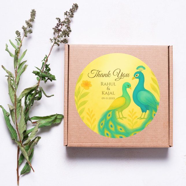 Adesivo Redondo Casamento Índio Peacock Floral Obrigado (Criador carregado)