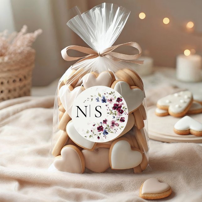 Adesivo Redondo Casamento Inicial do Monograma Floral da Borgonha  (Criador carregado)