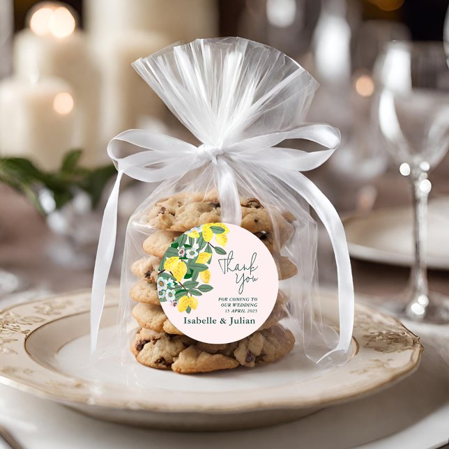 Adesivo Redondo Casamento Italiano Mediterrâneo Grego Limão Rosa (Mediterranean Italian Greece Lemon Pink Wedding Classic Round Sticker)