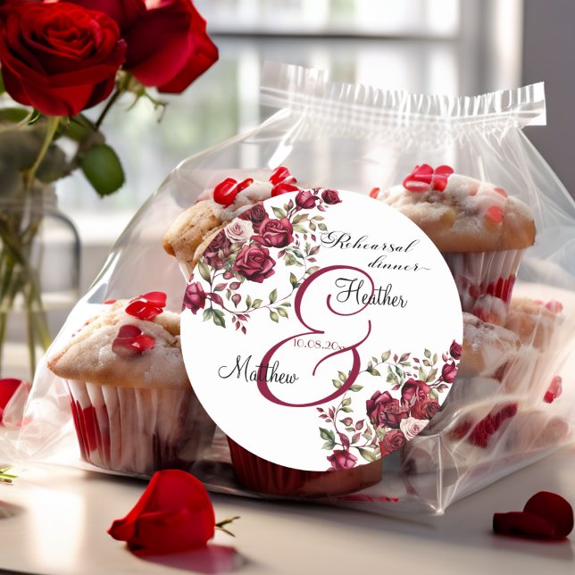 Adesivo Redondo Casamento "janto de ensaio" moderno de Burgundy (Criador carregado)