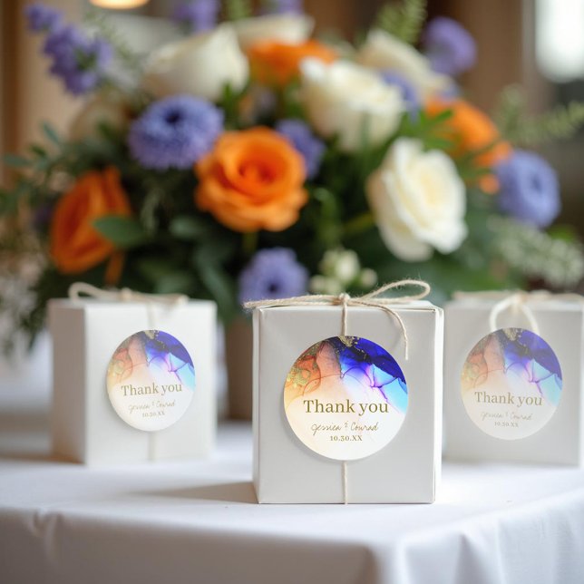 Adesivo Redondo Casamento Laranja Azul Elegante Obrigado (Elegant Blue Orange Wedding Thank You Classic Round Sticker.)