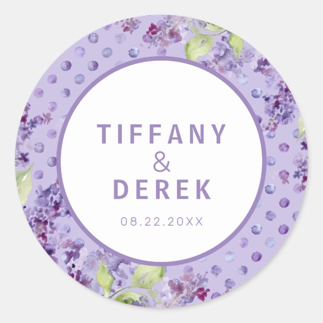 Adesivo Redondo Casamento Lilac da Lavanda de Aquarela (Frente)