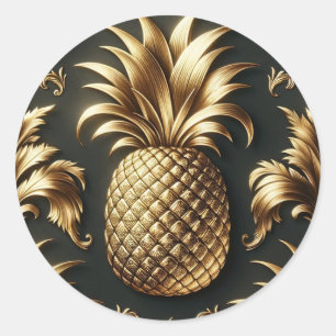 Adesivo Redondo Casamento Luxuoso Tropical Preto e Dourado Abacaxi