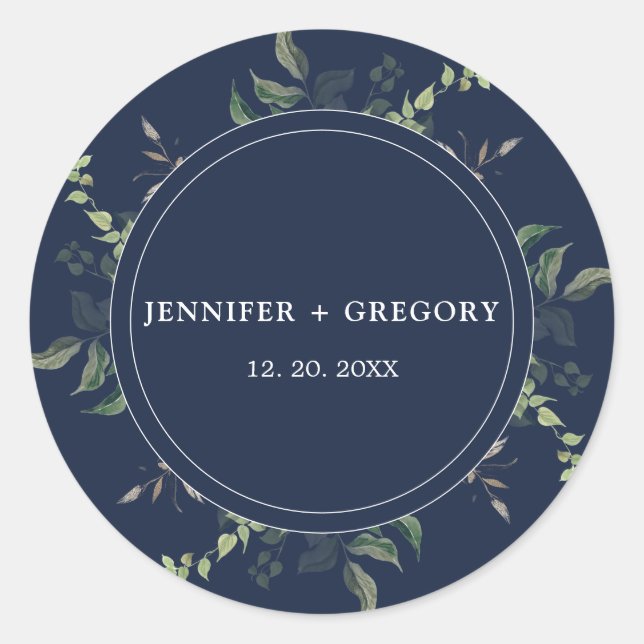 Adesivo Redondo Casamento marinho Azul Verde Botânico (Frente)